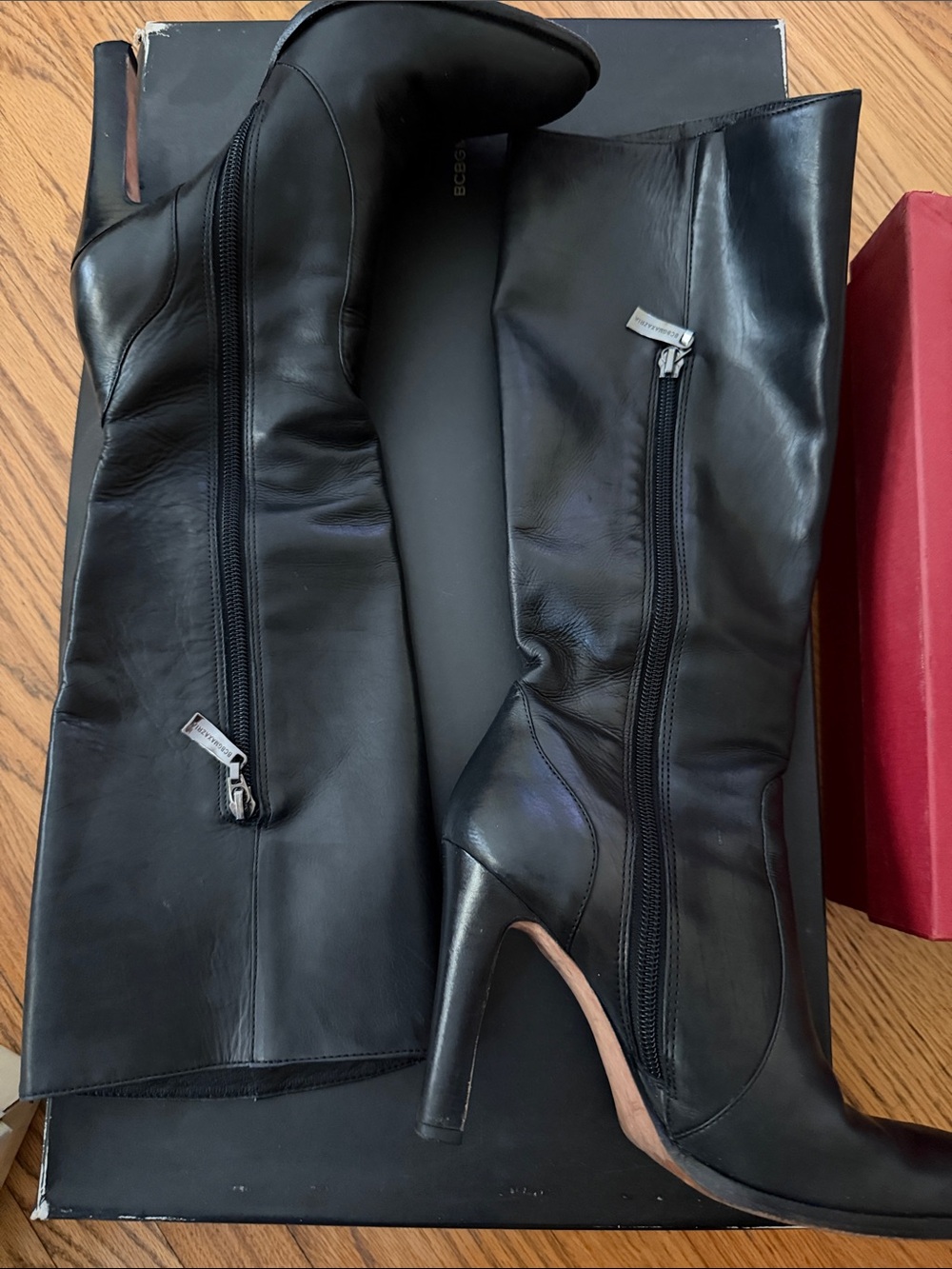 BCBG Black Leather Over-the-Knee Stiletto Boots